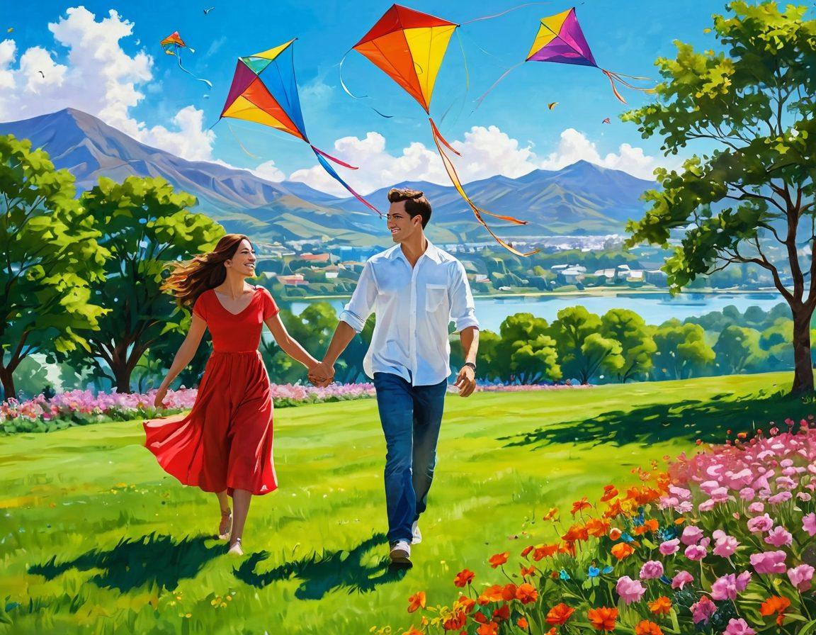 A joyful couple flying colorful kites against a bright blue sky, surrounded by a lush green park filled with blooming flowers. The couple, smiling and playful, share an affectionate glance while their kites dance in the wind. Soft sunlight casts a warm glow, enhancing the vibrant colors of the kites and nature around them. A distant view of hills adds depth to the scene. super-realistic. vibrant colors. outdoor setting.