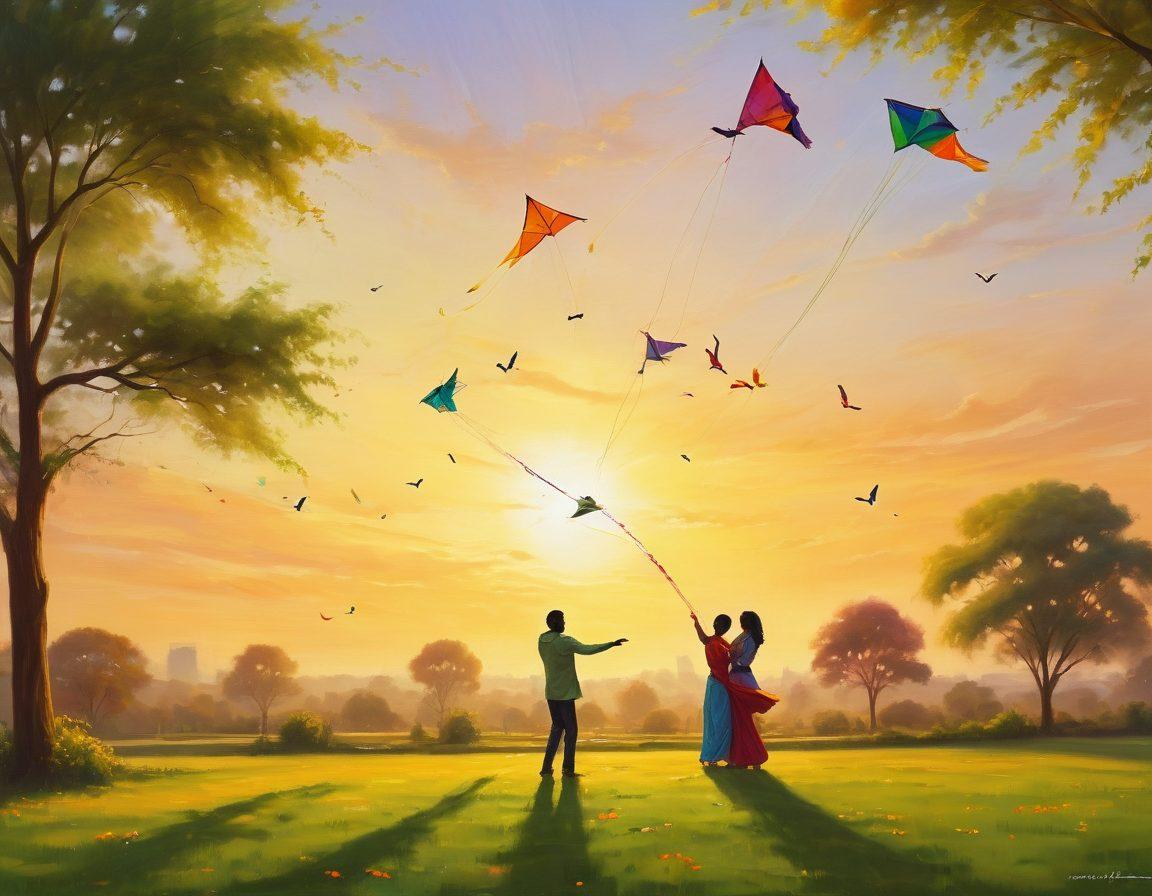 A romantic sunset scene depicting a couple joyfully flying traditional kites together in a lush green park, surrounded by colorful kites soaring in the sky. Soft golden light bathes them, enhancing the intimacy of the moment. In the background, we see silhouettes of trees and other couples also engaged in kite flying, creating a sense of community. vibrant colors. soft focus. painting.
