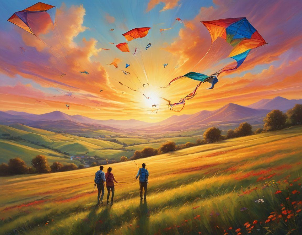 A romantic sunset scene featuring a couple flying vibrant adventure kites together, their laughter filling the air, with colorful trails streaming behind the kites. The background shows a picturesque landscape of rolling hills and a golden sky, symbolizing joy and connection. The scene is brimming with warmth and love, highlighting the bond they share through this adventure. super-realistic. vibrant colors. painting.